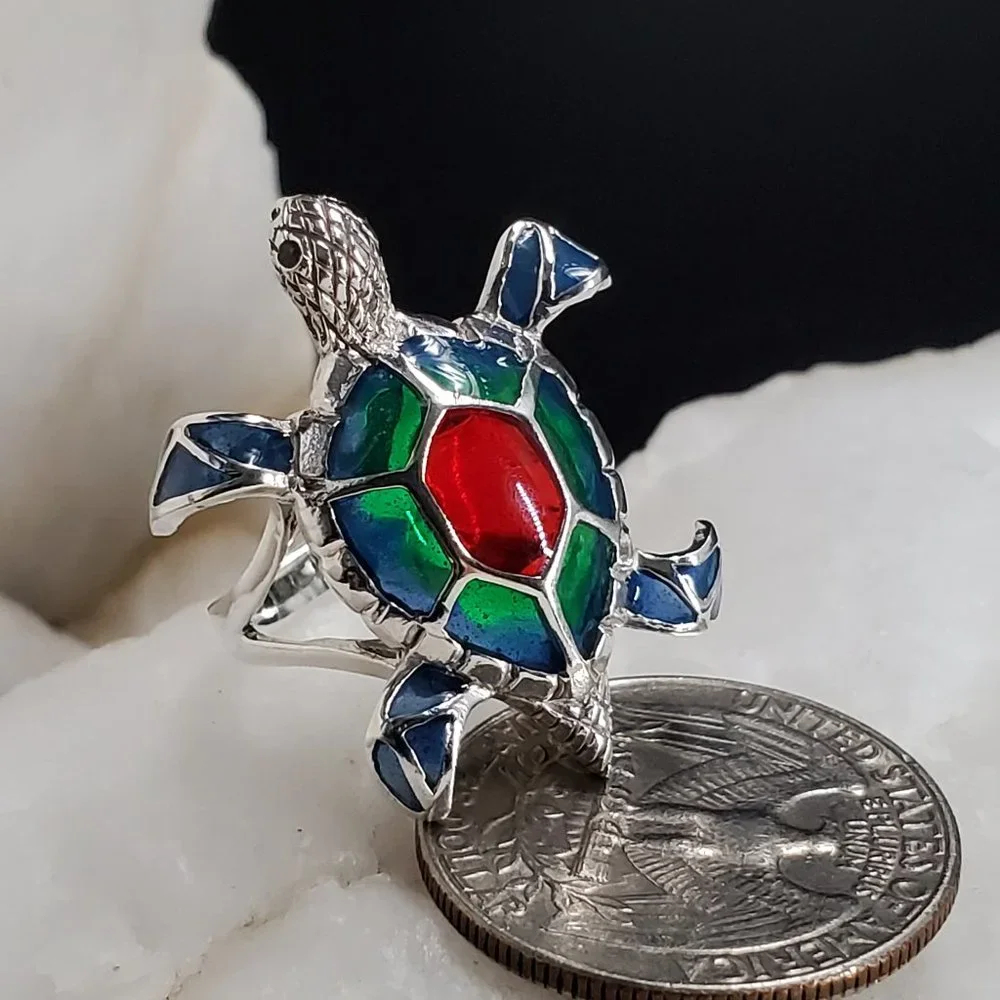 Solid Sterling Silver 925 Ring Turtle Hand Enameled Designer Jewelry